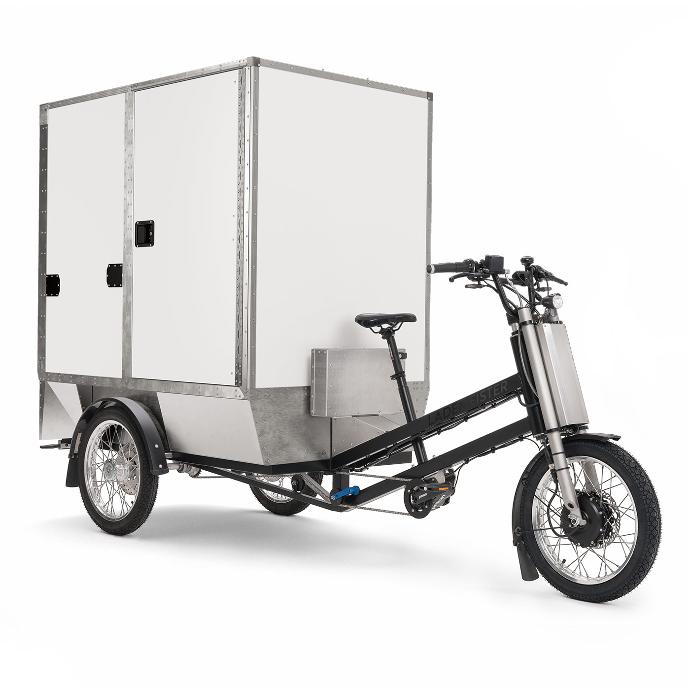 Schwarzes E-Cargobike mit großer weißer Transportbox und Seitentür Mieten Hamburg Deutschland